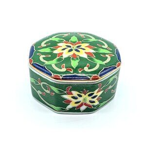 Vintage Takahashi Green Kashmir Hand-Painted Floral Porcelain Trinket Box